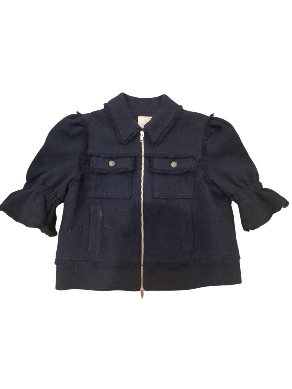 Cinq A Sept Navy Zip-Front Puff Sleeve Blazer
